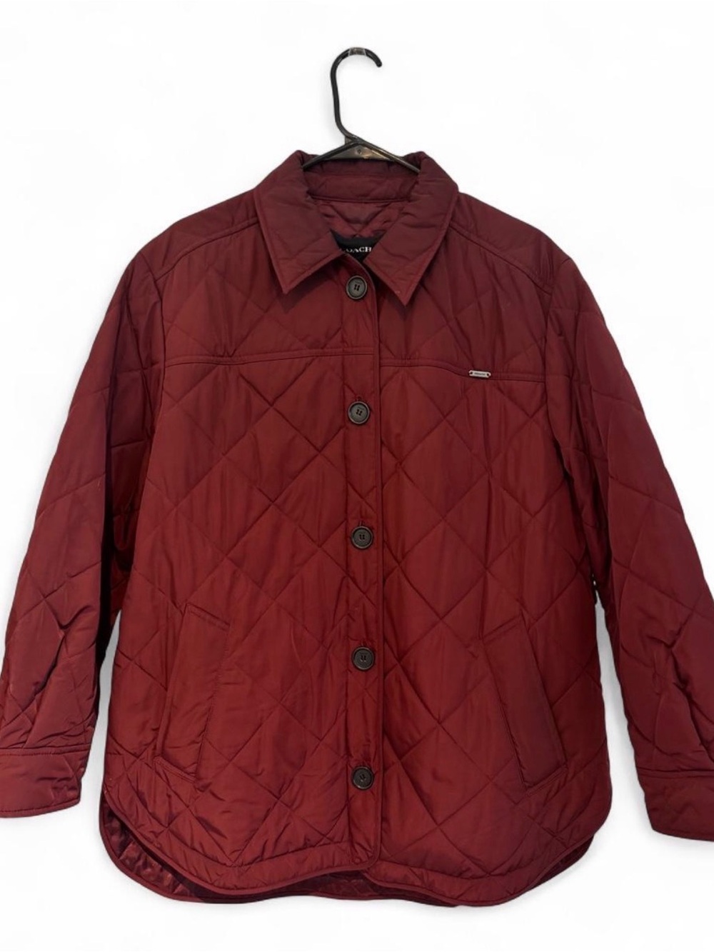 Coach Maroon Quilted Jacket with Metal Logo Tab